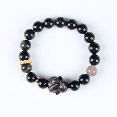 Buddha Stones Gold Sheen Obsidian Black Obsidian Silver Sheen Obsidian Cute Rabbit Protection Bracelet Bracelet BS 10mm(Wrist Circumference 14-16cm)