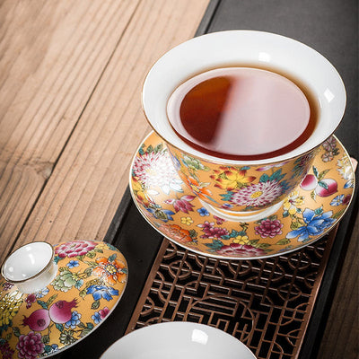Buddha Stones Peony Flowers Ceramic Gaiwan Sancai Teacup Kung Fu Tea Cup And Saucer With Lid Cup BS 8