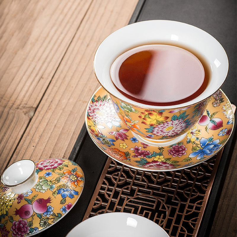 Buddha Stones Peony Flowers Ceramic Gaiwan Sancai Teacup Kung Fu Tea Cup And Saucer With Lid Cup BS 8