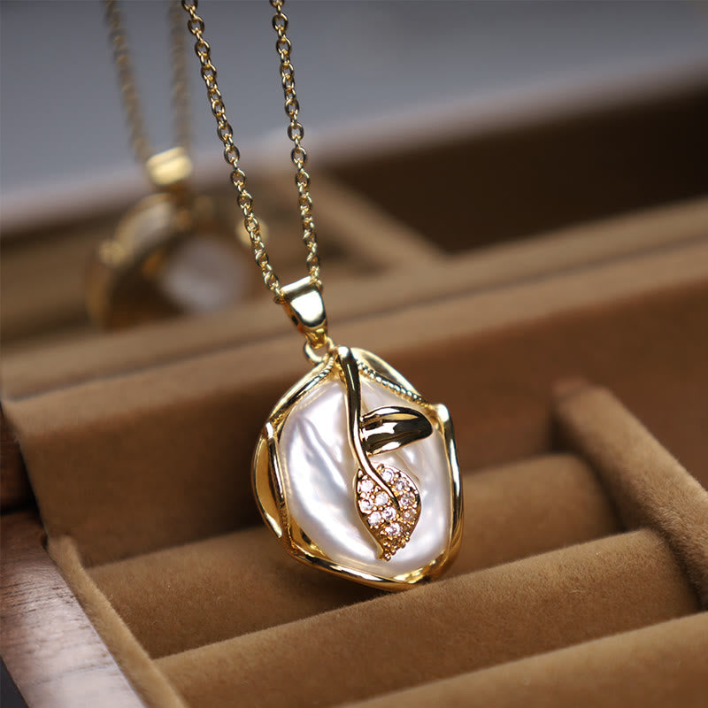 Buddha Stones 18K Gold Plated Copper Natural Baroque Pearl Flower Sincerity Necklace Pendant 8