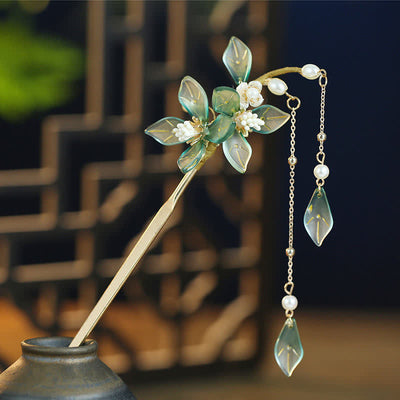 Buddha Stones Flower Leaf Pearl Peace Tassel Hairpin Hairpin BS 5