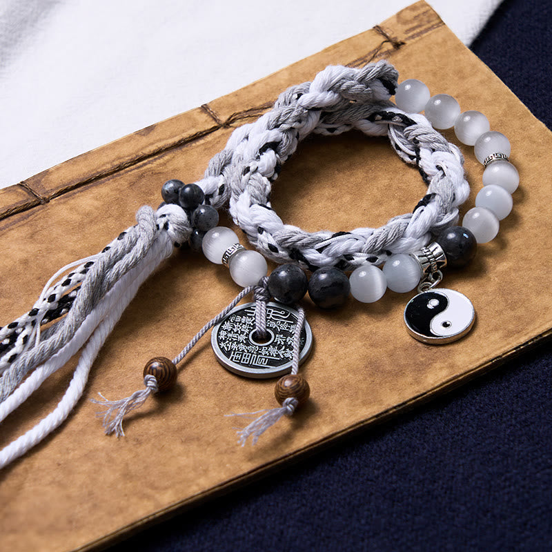 Buddha Stones Black Glitter Stone Cat's Eye Yin Yang Mountain Ghosts Spend Money Power Double Layer Rope Bracelet Bracelet BS 1