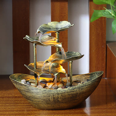 Buddha Stones Lotus Leaf Shaped Waterfall Fountain Tabletop Ornaments With LED Light Home Office Desktop Decoration - Gold(Plastic Version) - image 6