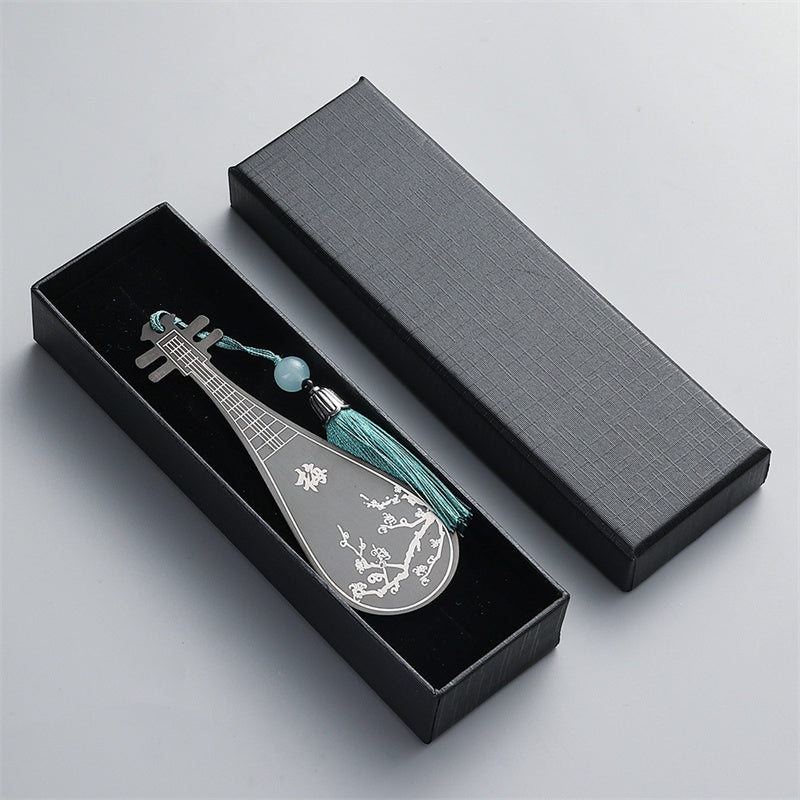 Buddha Stones Classical Musical Instruments Pipa Guzheng Guqin Ruan Metal Bookmarks Tassel With Gift Box Bookmarks BS Black Pipa-Gift Box