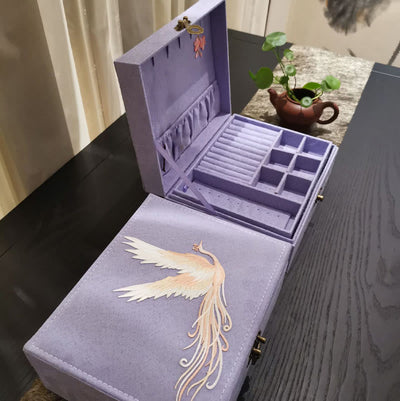 Buddha Stones Purple Phoenix Jewelry Box Organizer Two-Layer Jewelry Storage Box Flannel Box Jewelry Box BS 11