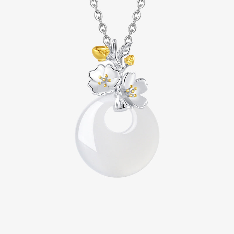 Buddha Stones 925 Sterling Silver Round Chalcedony Twelve Months Flower Harmony Necklace Pendant Necklaces & Pendants BS Peach Blossom