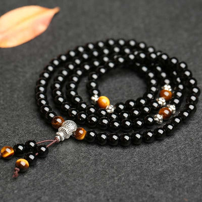 Buddha Stones Black Obsidian Tiger Eye Blessing Mala Bracelet Mala Bracelet BS 4