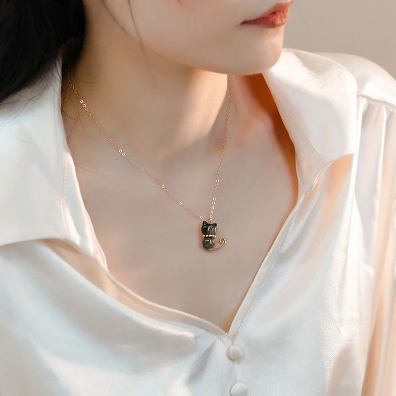 Buddha Stones 14K Gold Plated Pearl Hetian Jade Shell Luck Cat Kitten Necklace Pendant Necklaces & Pendants BS 8