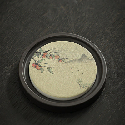 Buddha Stones Plum Blossom Peach Heart Sutra Loquat Magnolia Persimmon Ceramic Cup Mat Pad Coaster Kung Fu Tea Mat Cup Mat BS Persimmon 7.9*1cm