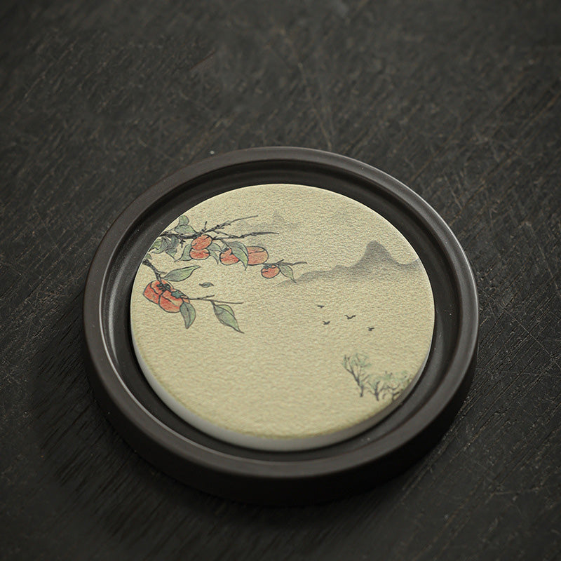 Buddha Stones Plum Blossom Peach Heart Sutra Loquat Magnolia Persimmon Ceramic Cup Mat Pad Coaster Kung Fu Tea Mat Cup Mat BS Persimmon 7.9*1cm