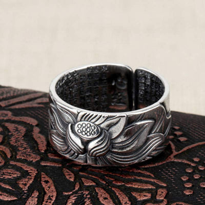 Buddha Stones 999 Sterling Silver Lotus Symbol Heart Sutra Protection Ring Ring BS 3
