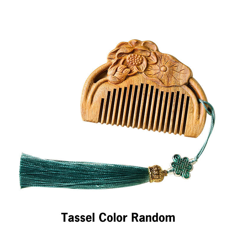 Buddha Stones Natural Green Sandalwood Lotus Flower Leaf Engraved Soothing Comb Comb BS 3
