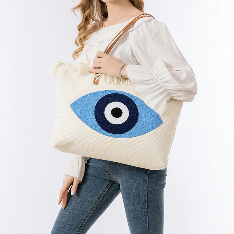 Buddha Stones Large Capacity Evil Eye Leaf Hamsa Tassel Canvas Tote Shoulder Bag Shoulder Bag BS 10