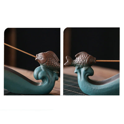 Buddha Stones Double Koi Fish Mountain Healing Ceramic Stick Incense Burner Decoration Incense Burner BS 5