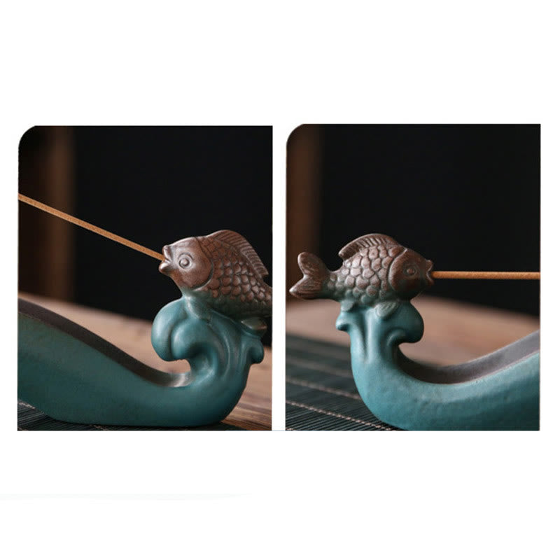 Buddha Stones Double Koi Fish Mountain Healing Ceramic Stick Incense Burner Decoration Incense Burner BS 5