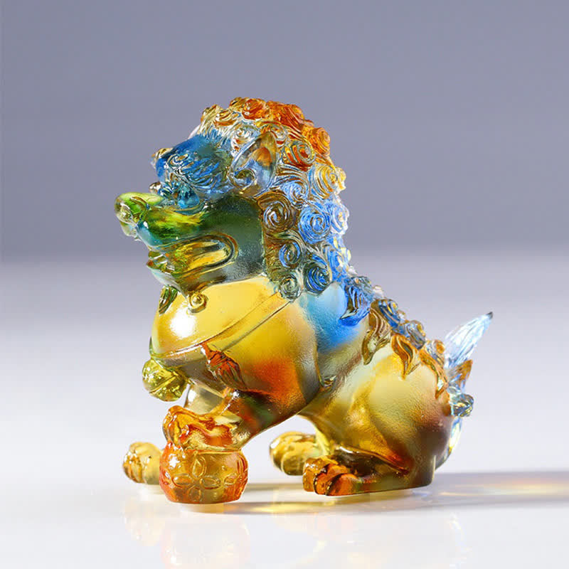 Buddha Stones Handmade Liuli Crystal Lion Art Piece Strength Home Office Decoration Decorations BS 6