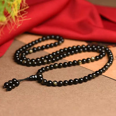 Buddha Stones 108 Mala Beads Natural Gold Sheen Obsidian Wealth Bracelet Mala Bracelet BS 3