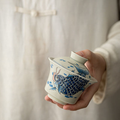 Buddha Stones Koi Fish Arowana Ceramic Gaiwan Sancai Teacup Kung Fu Tea Cup With Lid 130ml Cup BS 31