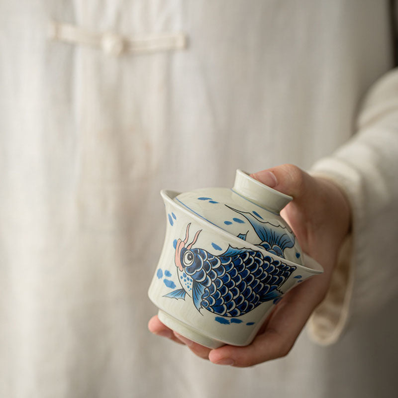 Buddha Stones Koi Fish Arowana Ceramic Gaiwan Sancai Teacup Kung Fu Tea Cup With Lid 130ml Cup BS 31