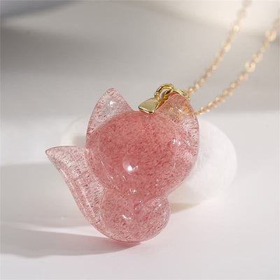 Buddha Stones 14k Gold Plated 925 Sterling Silver Strawberry Quartz Fox Healing Necklace Pendant Necklaces & Pendants BS 2