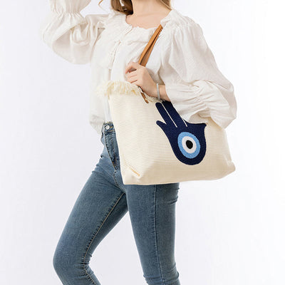 Buddha Stones Large Capacity Evil Eye Leaf Hamsa Tassel Canvas Tote Shoulder Bag Shoulder Bag BS 19