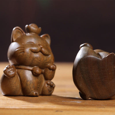 Buddha Stones Mini Green Sandalwood Ingot Lucky Cat Carved Peace Desk Decorations Decorations BS 18