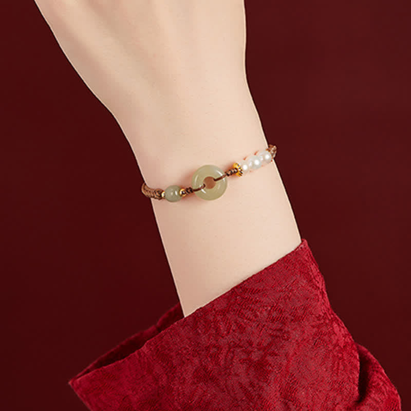 Buddha Stones Natural Hetian Jade Pearl Peace Buckle Luck Bracelet - image 2