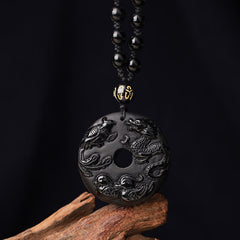 Buddha Stones Black Obsidian Dragon Phoenix Mandarin Duck Luck Protection Necklace Pendant Necklaces & Pendants BS main