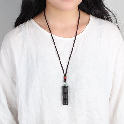 Buddha Stones Ebony Wood Bamboo Pattern Ghau Prayer Box Peace Necklace Pendant Necklaces & Pendants BS 5