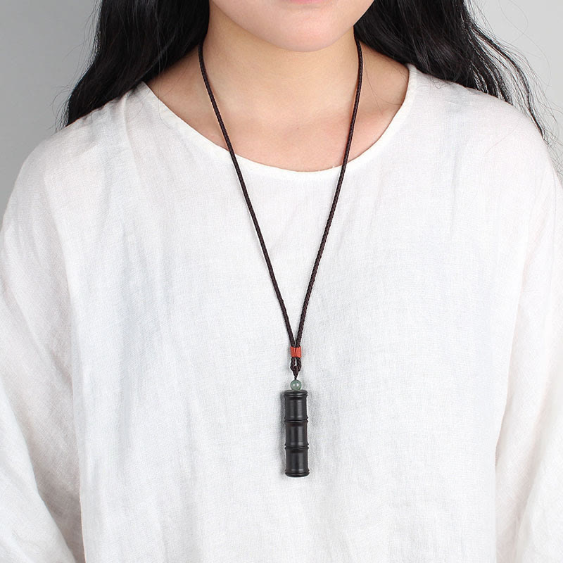 Buddha Stones Ebony Wood Bamboo Pattern Ghau Prayer Box Peace Necklace Pendant Necklaces & Pendants BS 5
