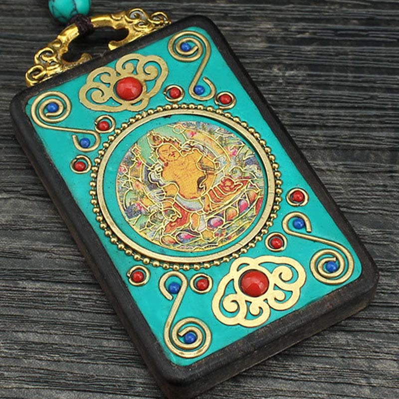 Buddha Stones Tibet God Of Wealth Money Tree Golden Phoenix Thangka Ebony Peace Necklace Pendant Necklaces & Pendants BS 6