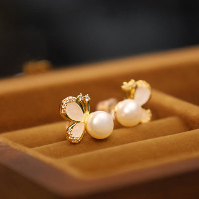Buddha Stones 925 Sterling Silver Posts 18K Gold Plated Copper Natural Pearl Butterfly Zircon Healing Stud Earrings 3