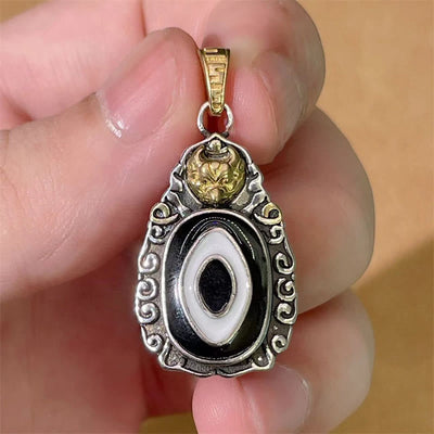Buddha Stones Tibet Dzi Bead Garuda Pattern Copper Metal Wealth Necklace Pendant Necklaces & Pendants BS 4