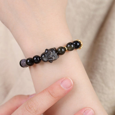 Buddha Stones Gold Sheen Obsidian Black Obsidian Silver Sheen Obsidian Cute Rabbit Protection Bracelet Bracelet BS 11
