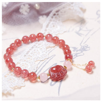 Buddha Stones Natural Strawberry Quartz Pink Crystal Lucky Cat Paw Love Bracelet Bracelet BS 1