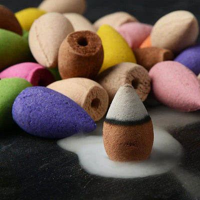 Buddha Stones Tibetan Elephant Purple Clay Backflow Smoke Fountain Peace Healing Incense Burner Decoration Incense Burner BS 50 cones per pack (Random mix scents)