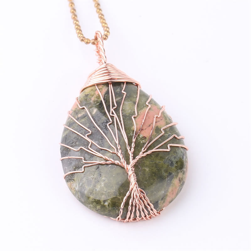 Buddha Stones Natural Quartz Crystal Tree Of Life Healing Energy Necklace Pendant Necklaces & Pendants BS Unakite Rose Gold Tree