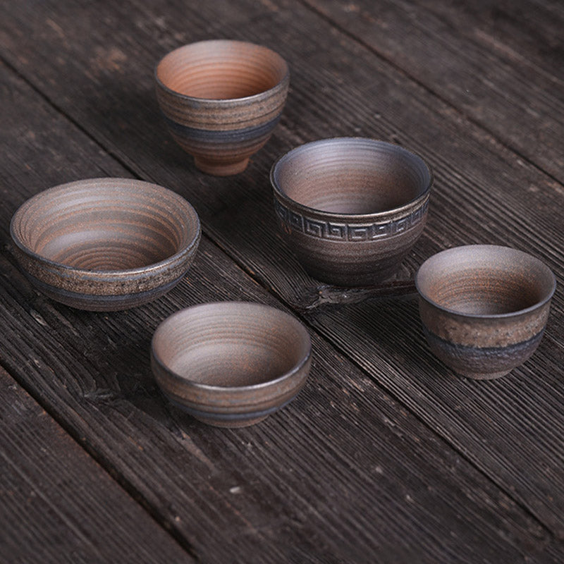 Buddha Stones Simple Brown Striped Texture Ceramic Teacup Kung Fu Tea Cup Bowl Cup BS 27