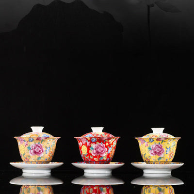 Buddha Stones Peony Flowers Ceramic Gaiwan Sancai Teacup Kung Fu Tea Cup And Saucer With Lid Cup BS 15