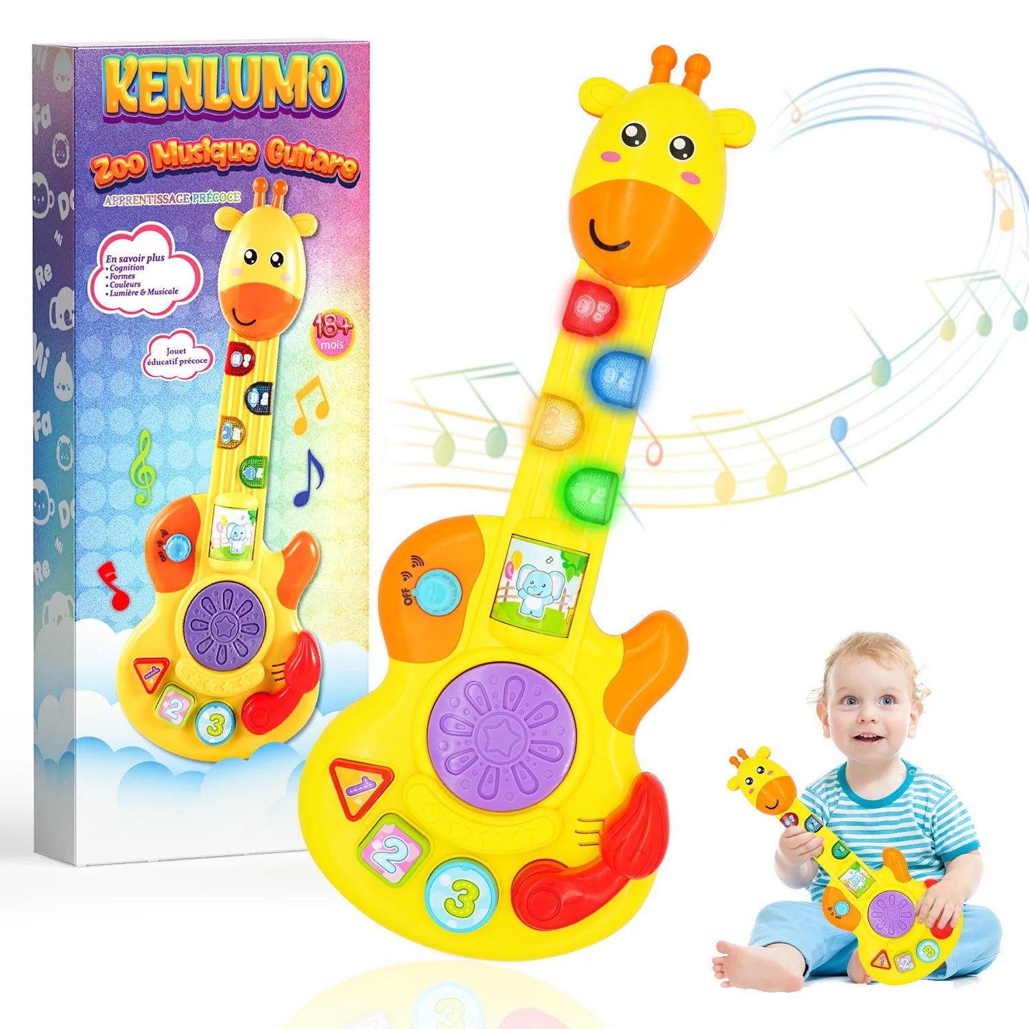 Fidtoy Giraffe Musical Guitar Toy for Toddlers – Light Up Kids Guitar with Piano, Drum, Animal Sounds, Shape Matching, and Music Modes