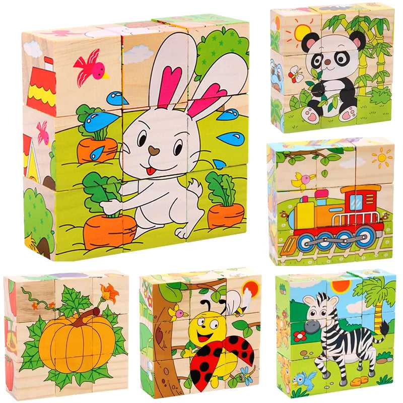 Fidtoy 3D Wooden Puzzle for Toddlers – 6-in-1 Animal Cube Educational Toy