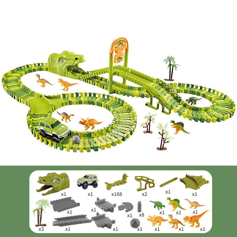 Fidtoy Dinosaur Race Track Set for Kids – Flexible Jurassic Track with Motorized Dinosaur Car, 360° Loop, Bridge, Dinosaur Figures, and Creative Building Play