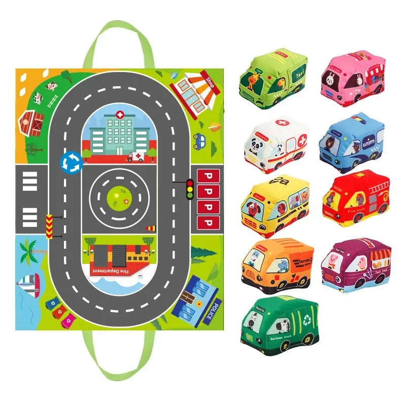 Fidtoy Soft Fabric Car Play Mat Set for Babies – 9-Piece Plush Vehicle Toy Set with Foldable Road Mat, Storage Bag, Crinkle Sounds, and Sensory Play