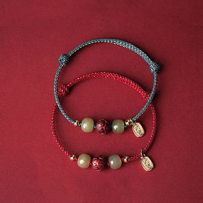 Buddha Stones 14K Gold Plated Hetian Jade Cinnabar Lotus Luck Handcrafted Rope Bracelet Bracelet BS 2