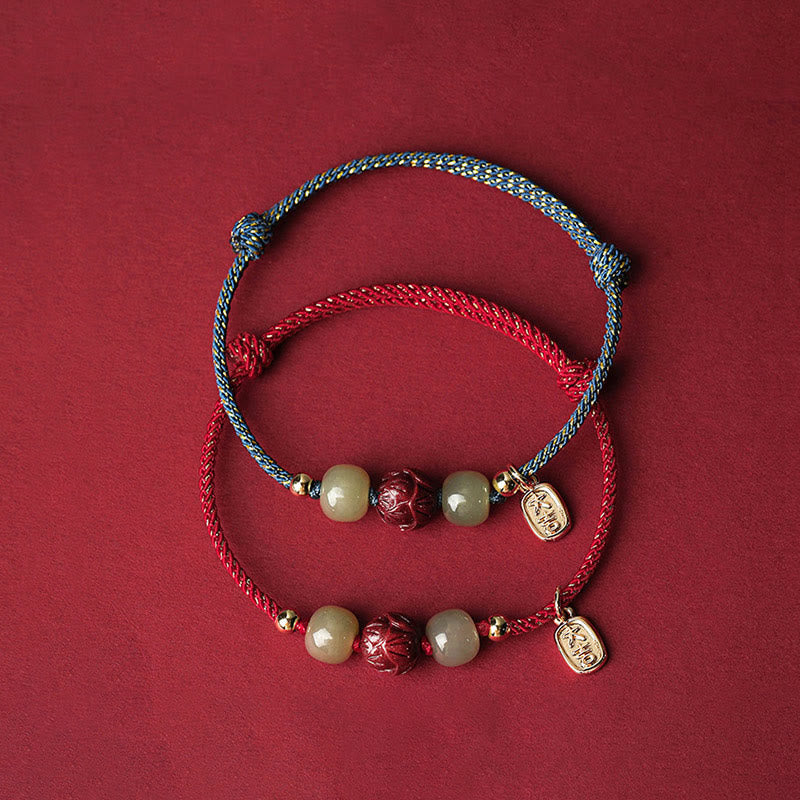 Buddha Stones 14K Gold Plated Hetian Jade Cinnabar Lotus Luck Handcrafted Rope Bracelet Bracelet BS 2