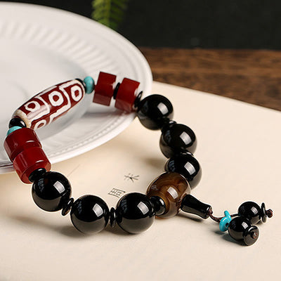 Buddha Stones Tibetan Nine-Eye Dzi Bead Black Onyx Wealth Protection Bracelet Bracelet BS 6