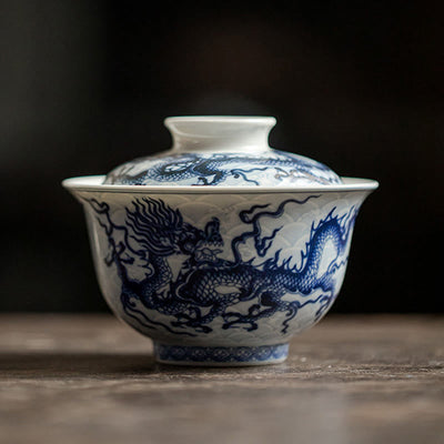 Buddha Stones Blue Dragon Design Ceramic Teacup Kung Fu Tea Cups Cup BS Cup With Lid 180ml