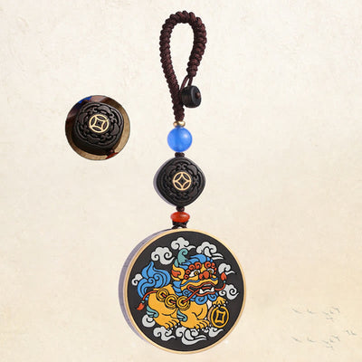 Buddha Stones PiXiu Copper Coin Ebony Wood Luck Attract Wealth Key Chain Decoration Key Chain BS 14