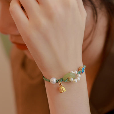 Buddha Stones Natural Hetian Jade Peace Buckle Pearl Luck Handcrafted Braided Bracelet Bracelet BS 9