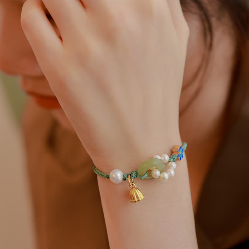 Buddha Stones Natural Hetian Jade Peace Buckle Pearl Luck Handcrafted Braided Bracelet Bracelet BS 9